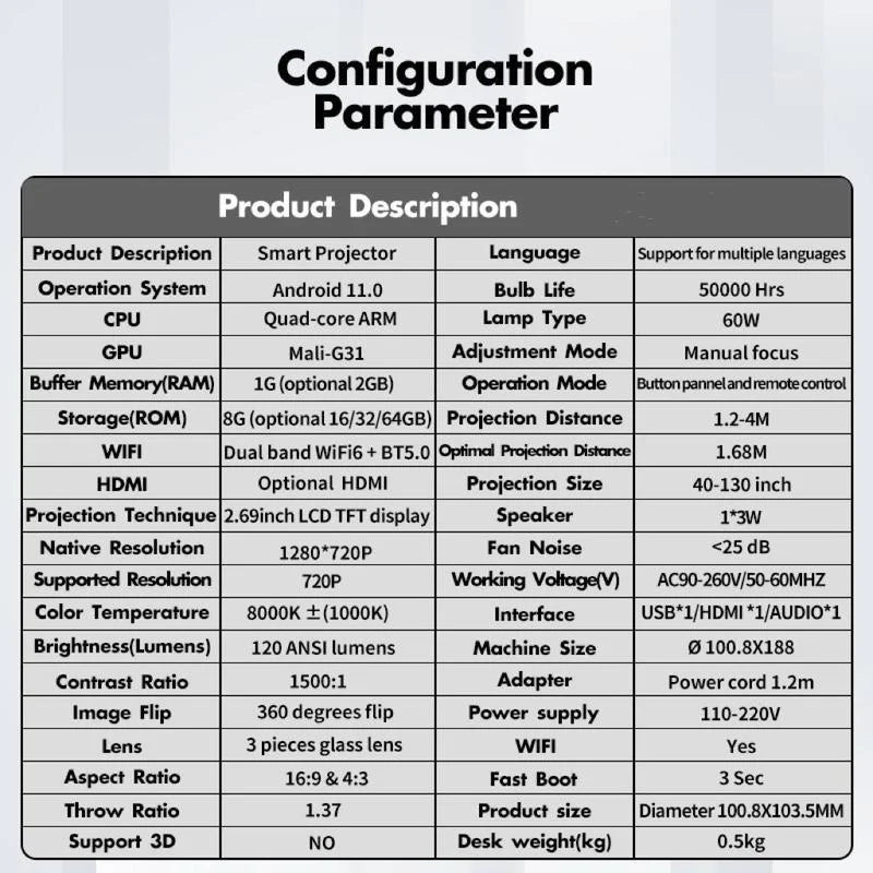 Portable Bluetooth-Compatible  Projector with Remote Control for Indoor and Outdoor